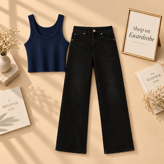 Navy Blue Tanktop With Black Wide Leg Jeans