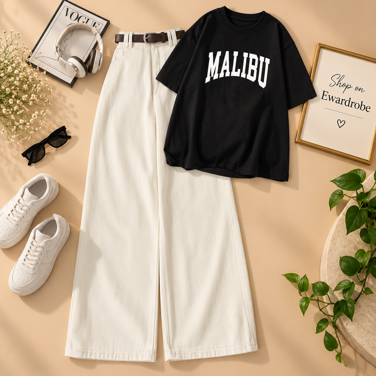 Black Tshirt Malibu With White Wide Leg Jeans