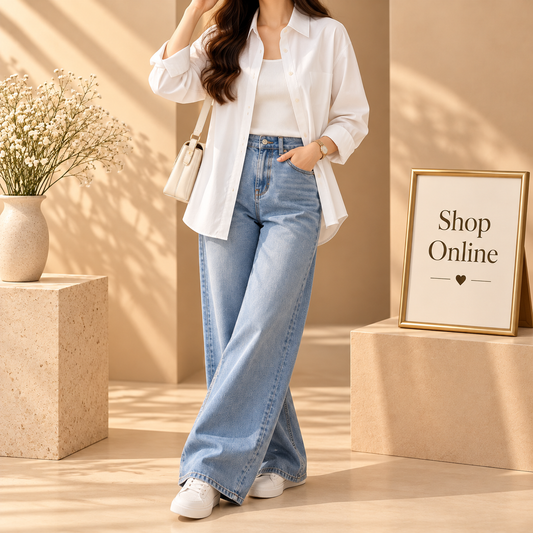White Button Down Shirt With Ice Blue Wide Leg Jeans