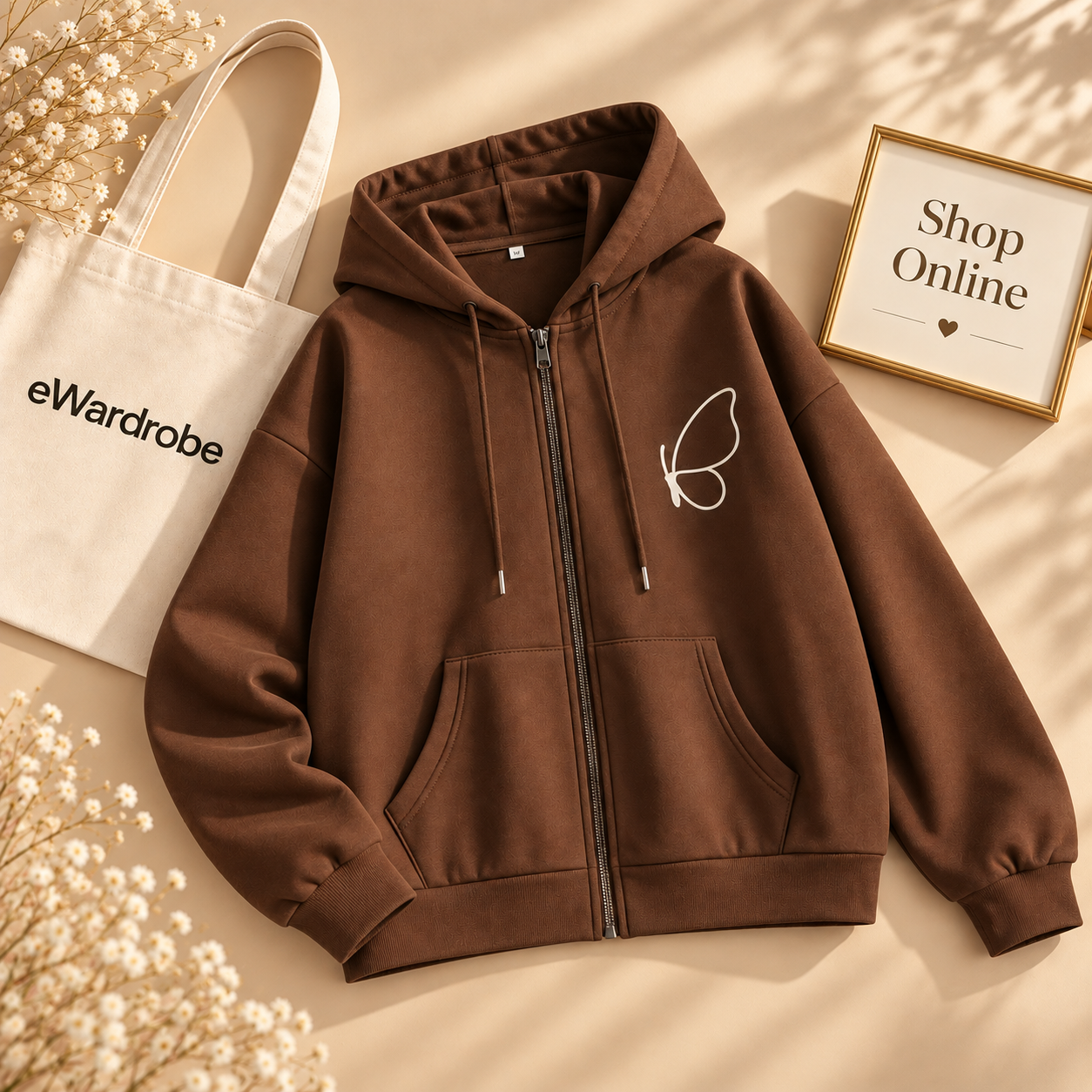 Brown Zipper Hoodie Pocket Cute Butterfly