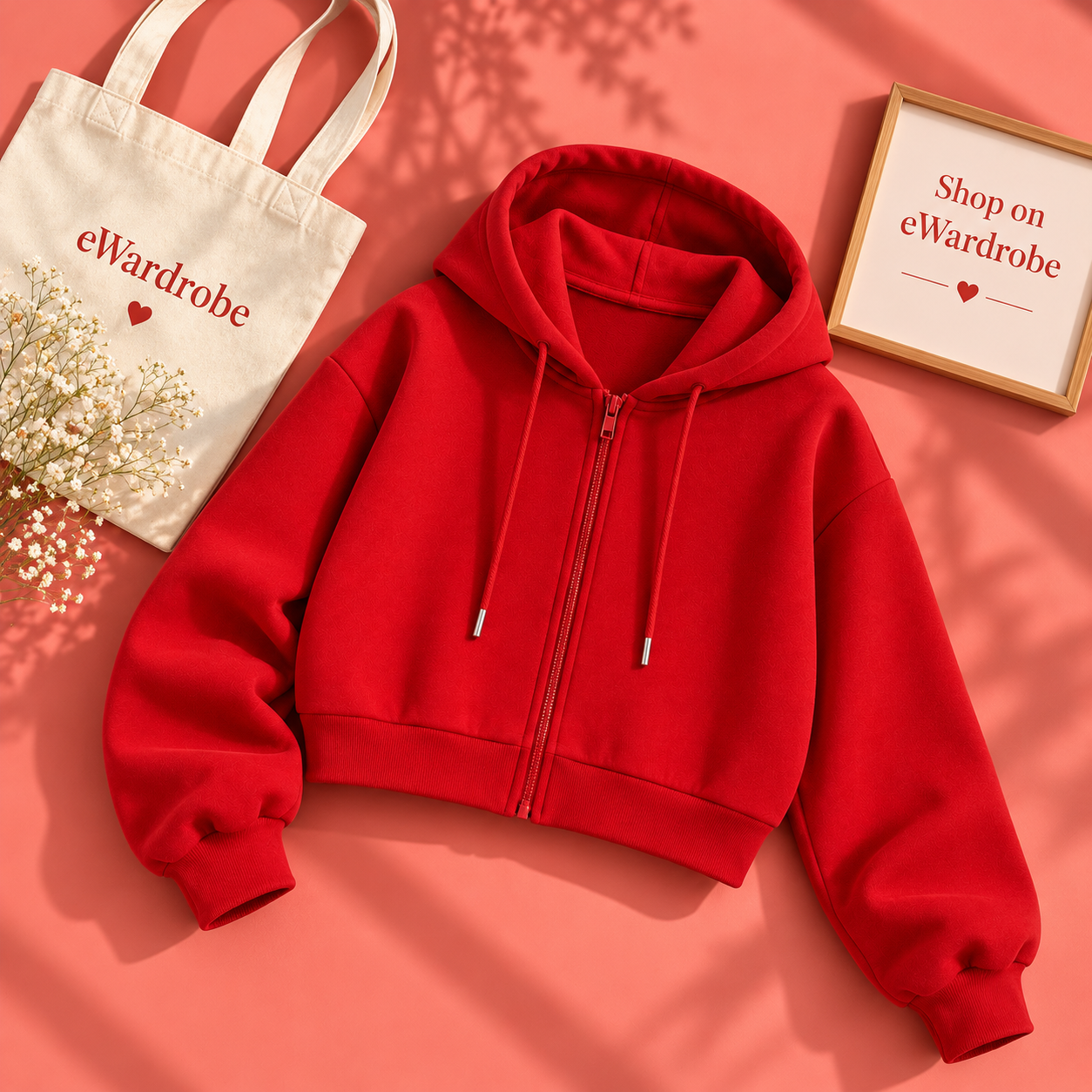 Basic Red Zipper Crop Hoodie