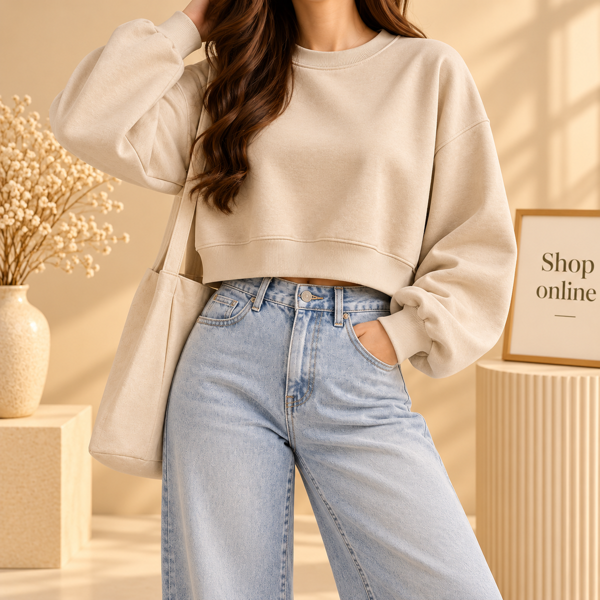 Basic Beige Crop Sweatshirt