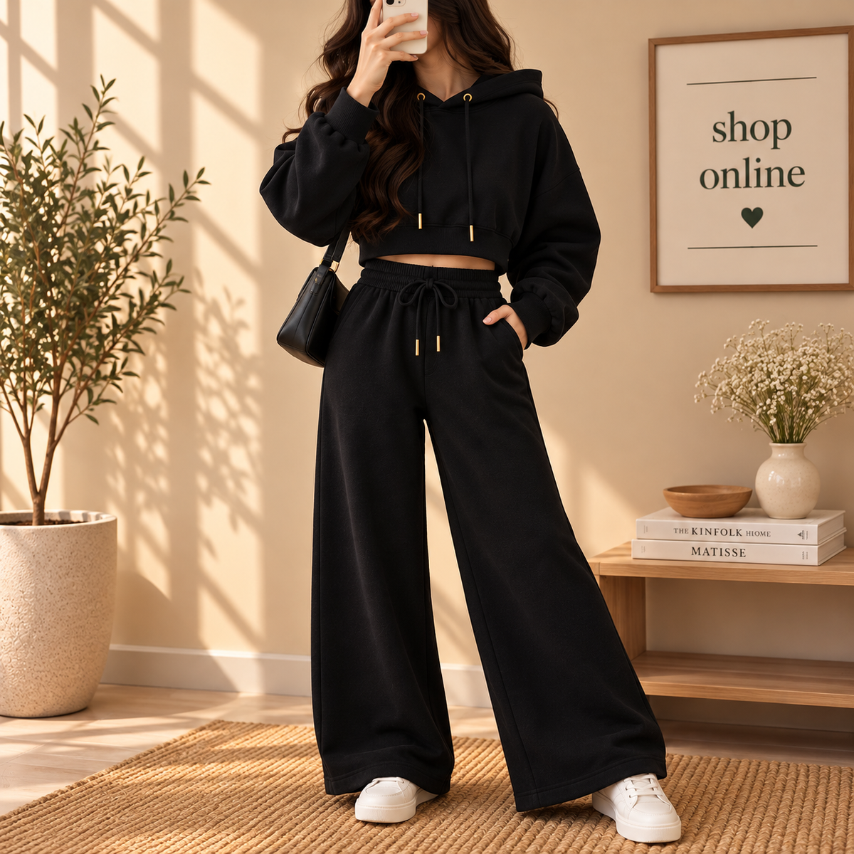 Basic Black Crop Hoodie With Black Flapper