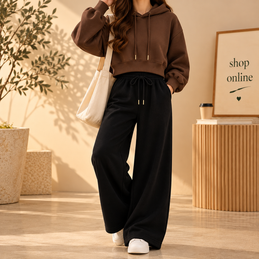 Basic Brown Crop Hoodie With Black Flapper