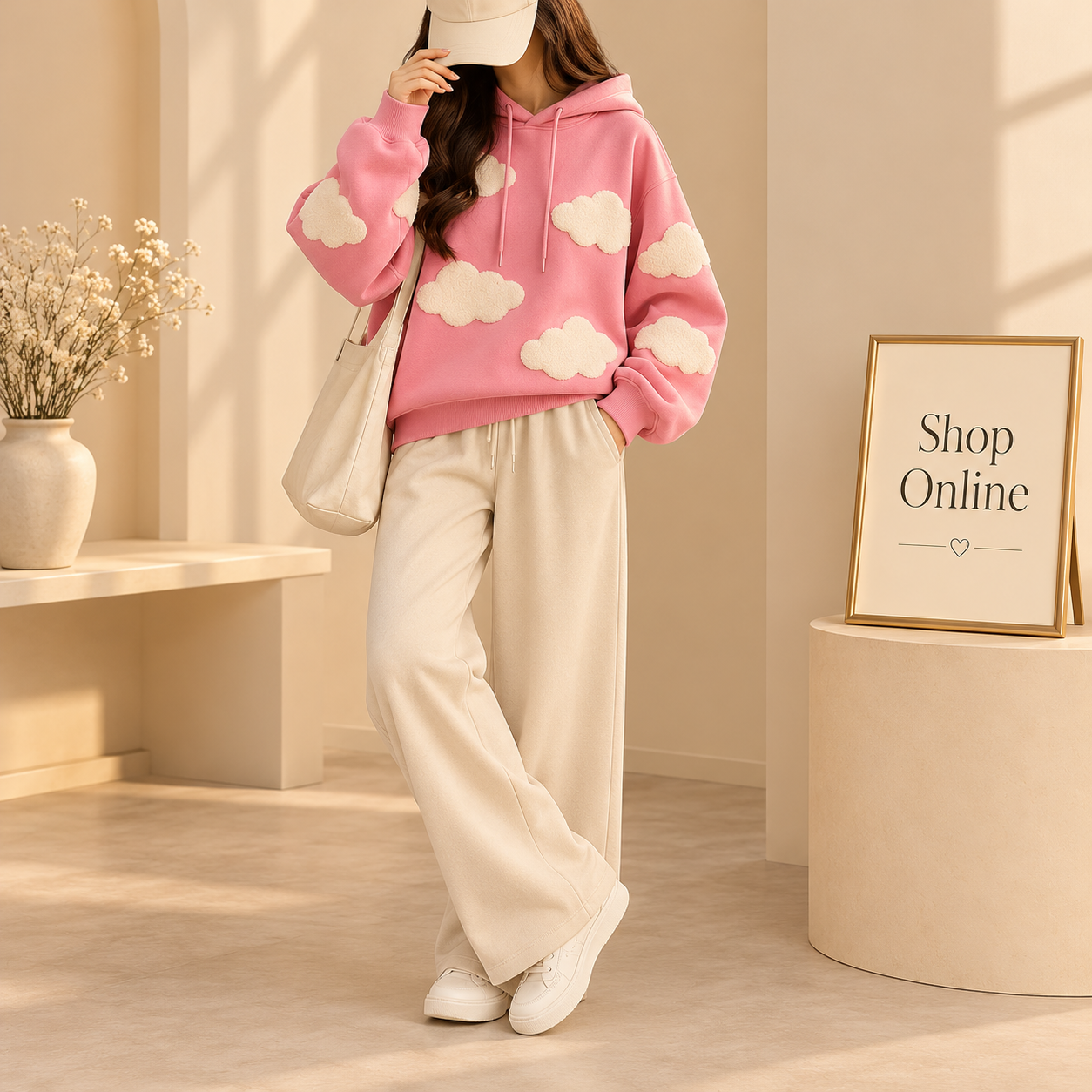 Pink Hoodie Clouds All Over with Beige Flapper