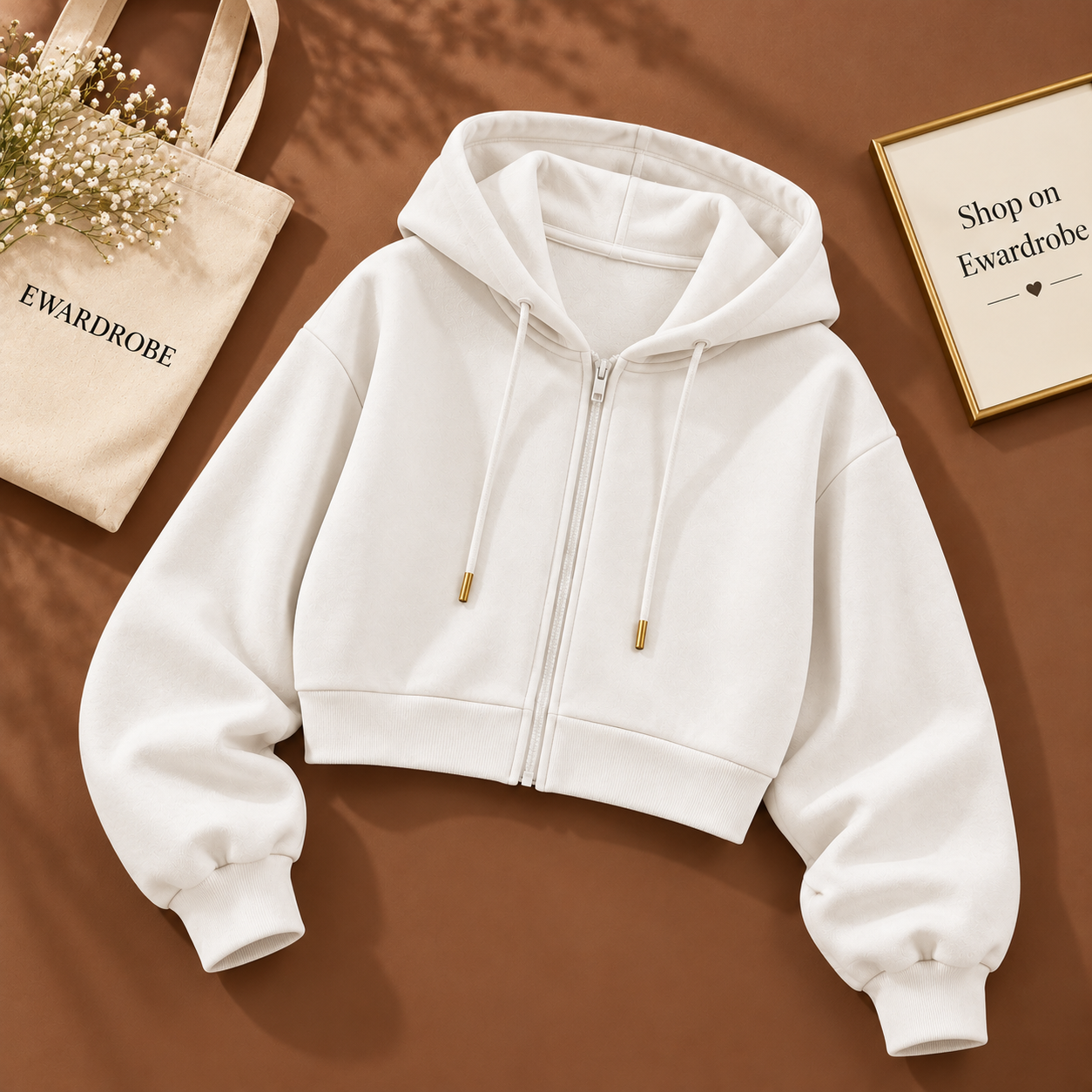 Basic White Zipper Crop Hoodie