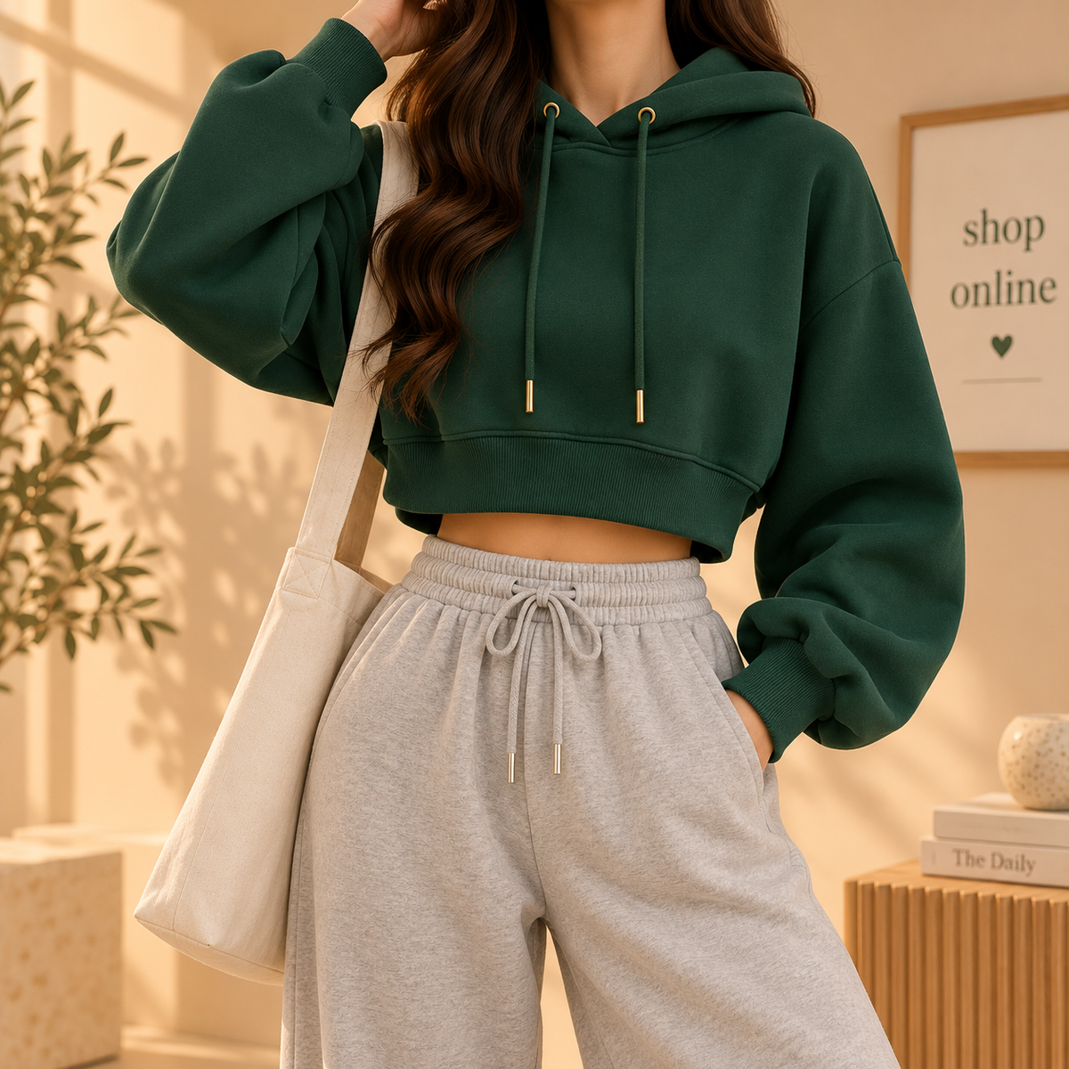 Basic Dark Green Crop Hoodie