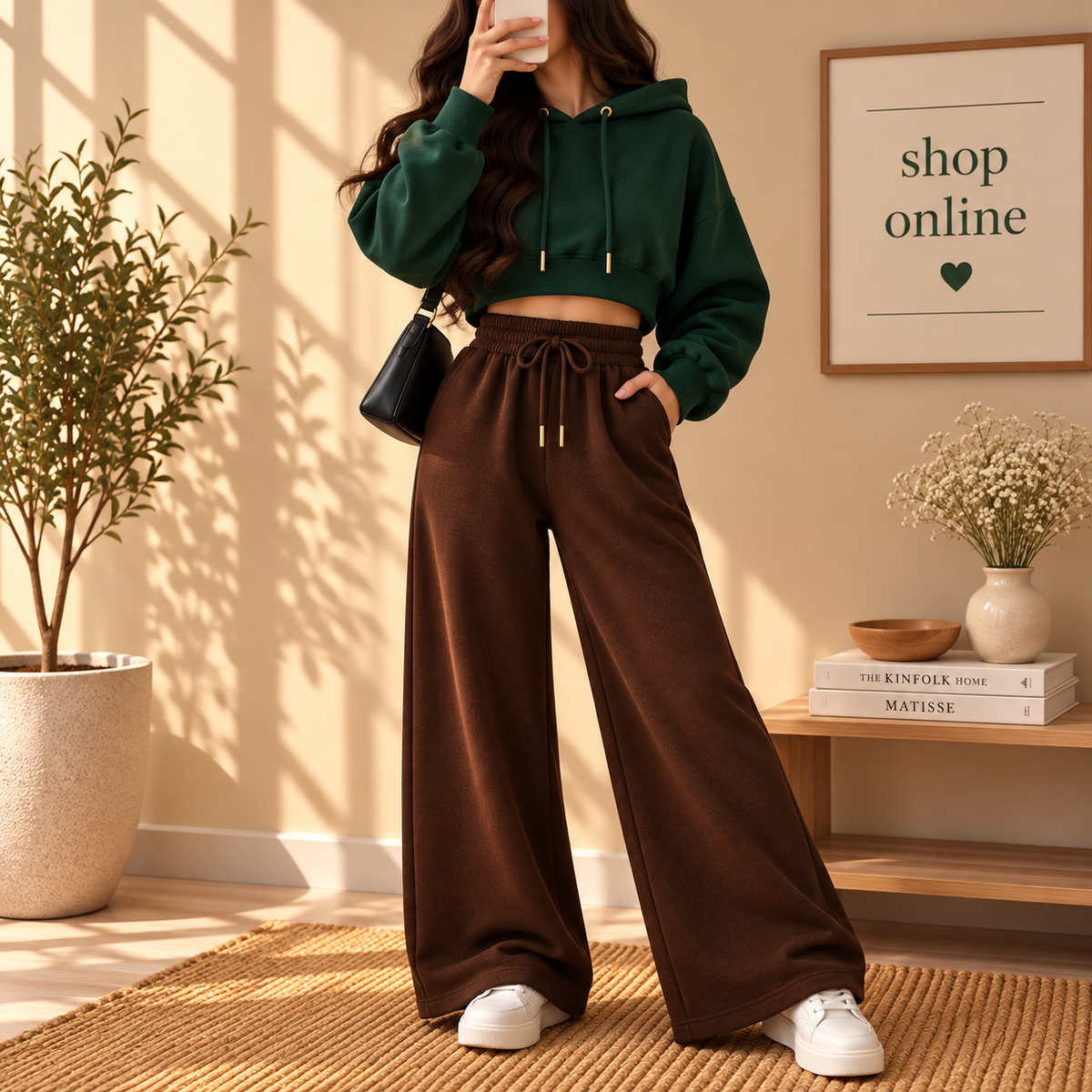 Basic Bottle green Crop Hoodie With Brown Flapper