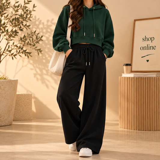 Basic Bottle Green Crop Hoodie With Black Flapper