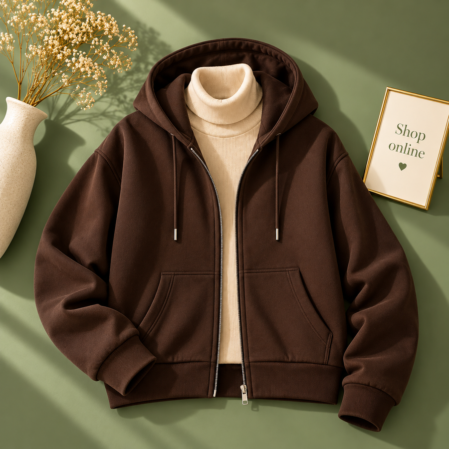 Basic Dark brown Zipper Hoodie With Beige Highneck