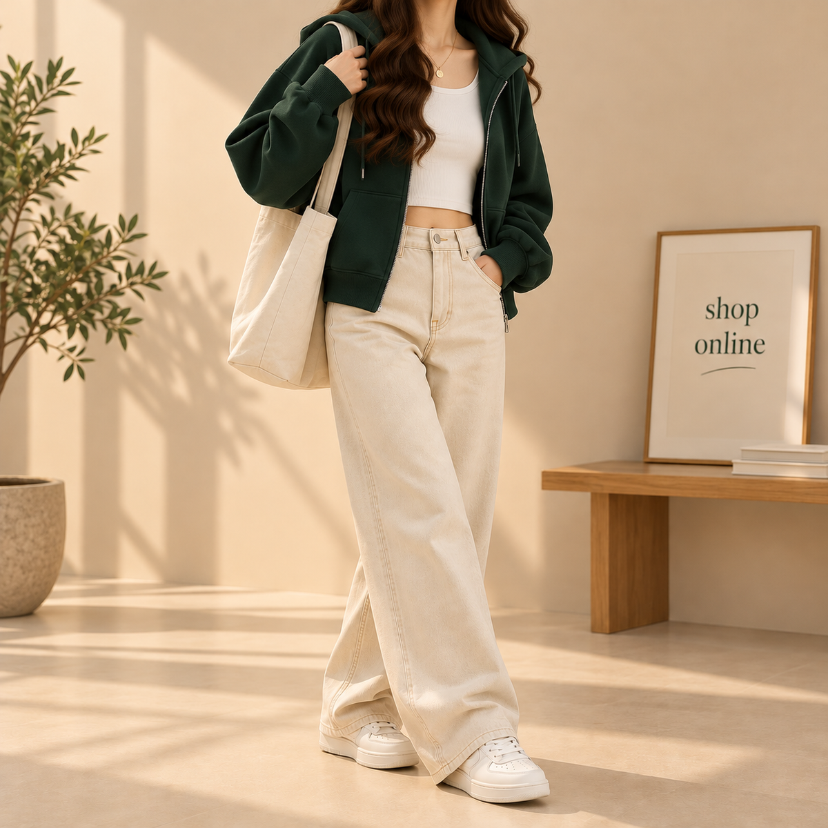 Basic Bottle Green Zipper Hoodie With Beige Wide Leg Jeans