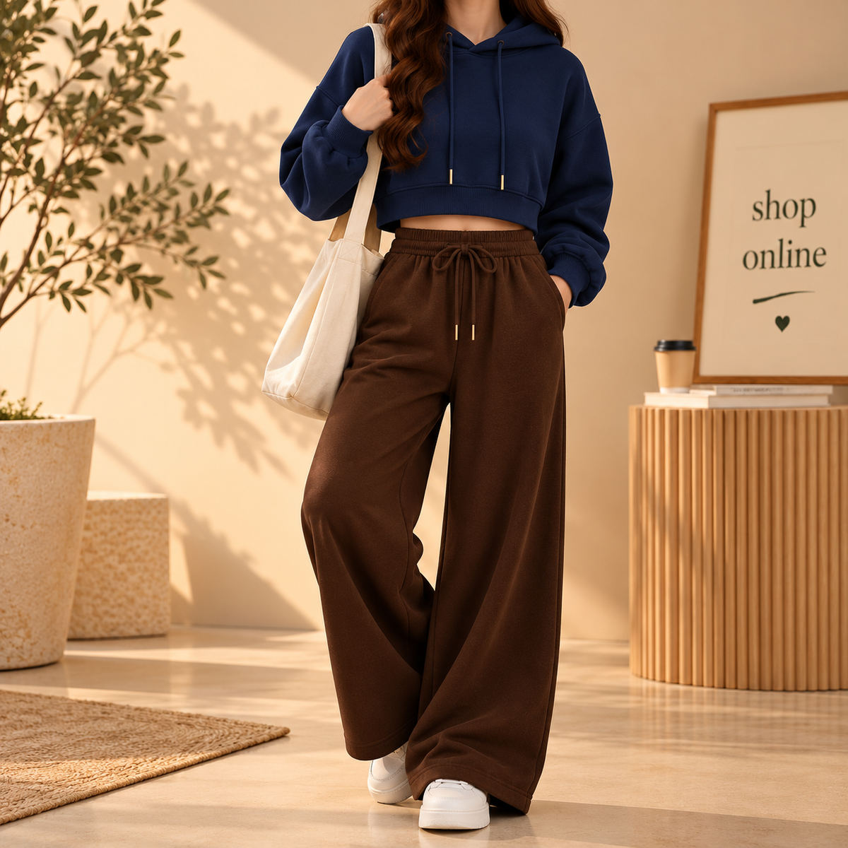 Basic Navy Blue Crop Hoodie With Brown Flapper