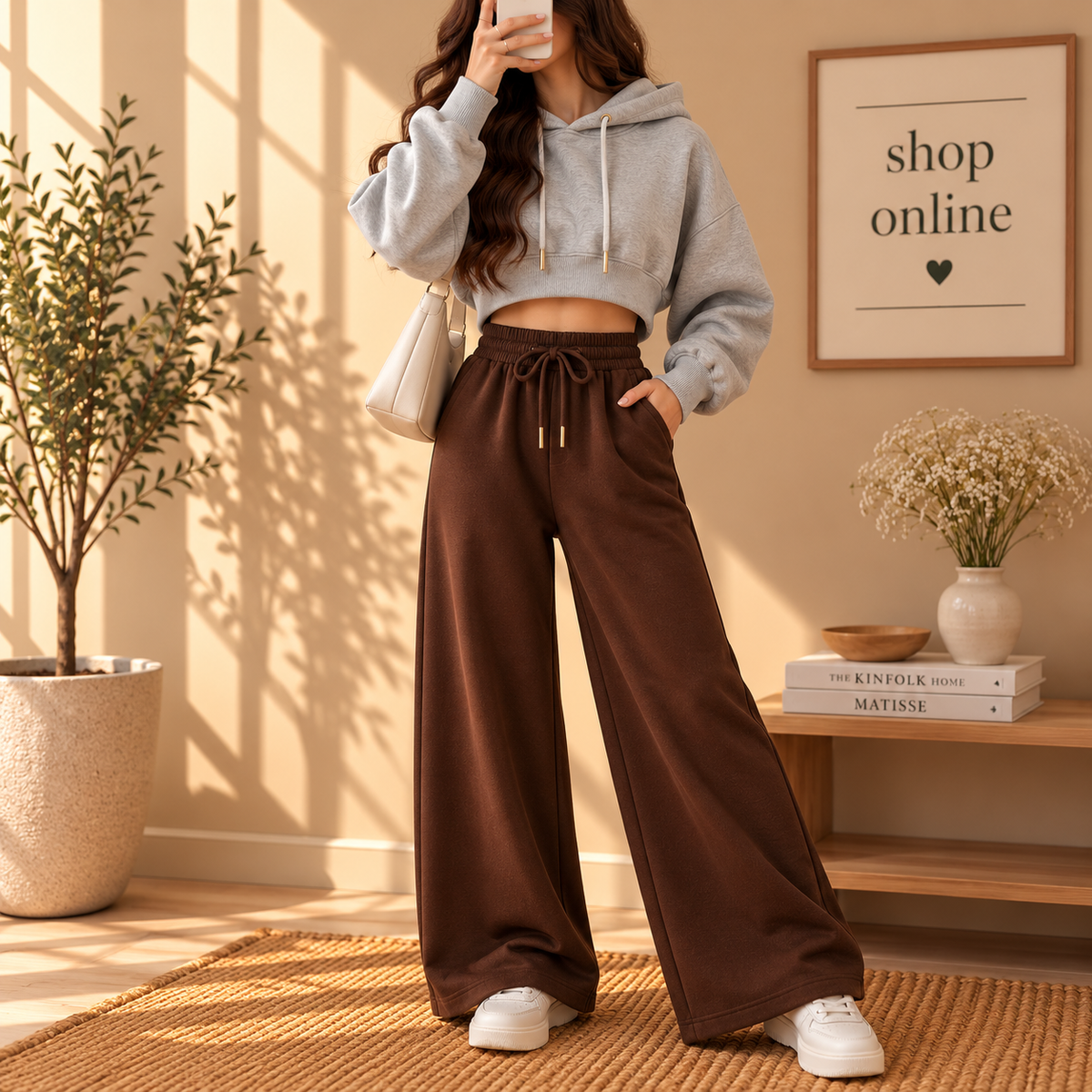 Basic Grey Crop Hoodie With Brown Flapper