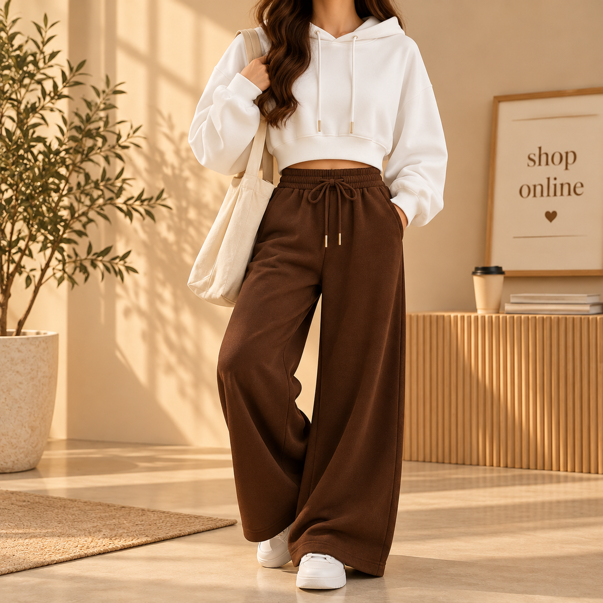 Basic White Crop Hoodie With Brown Flapper
