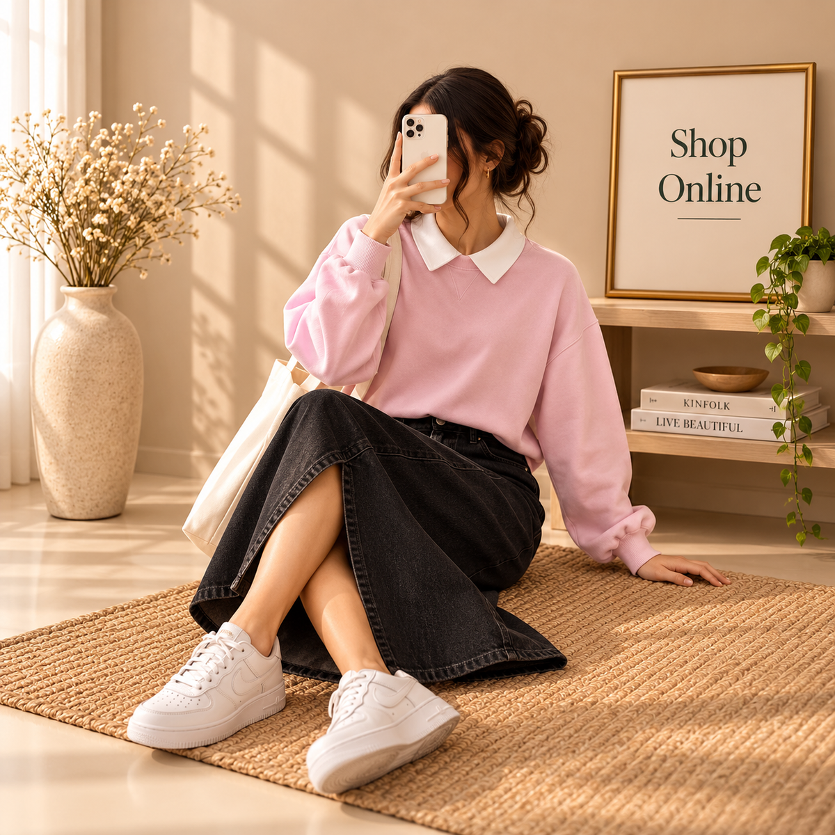 Basic Pink Collar Sweatshirt With Black Denim Skirt
