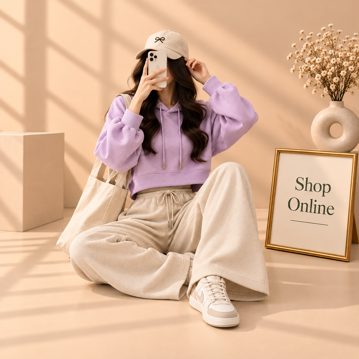 Basic Lilac Crop Hoodie With Beige Flapper