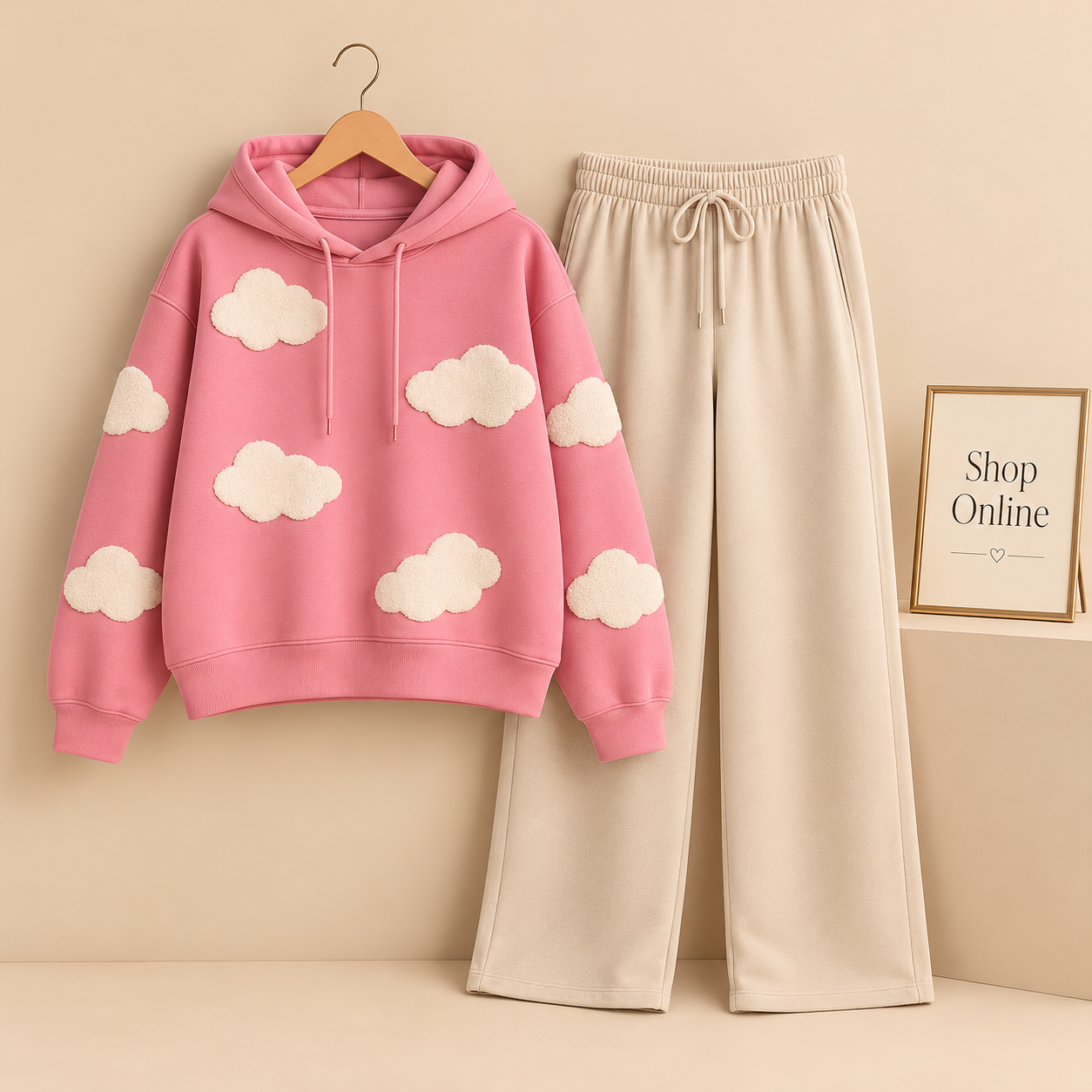 Pink Hoodie Clouds All Over with Beige Flapper