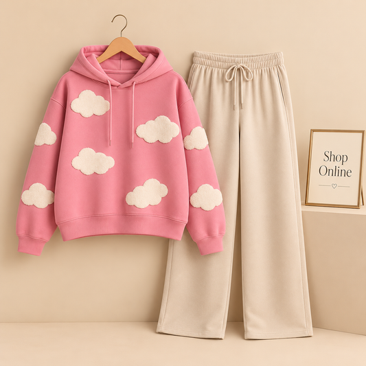 Pink Hoodie Clouds All Over with Beige Flapper