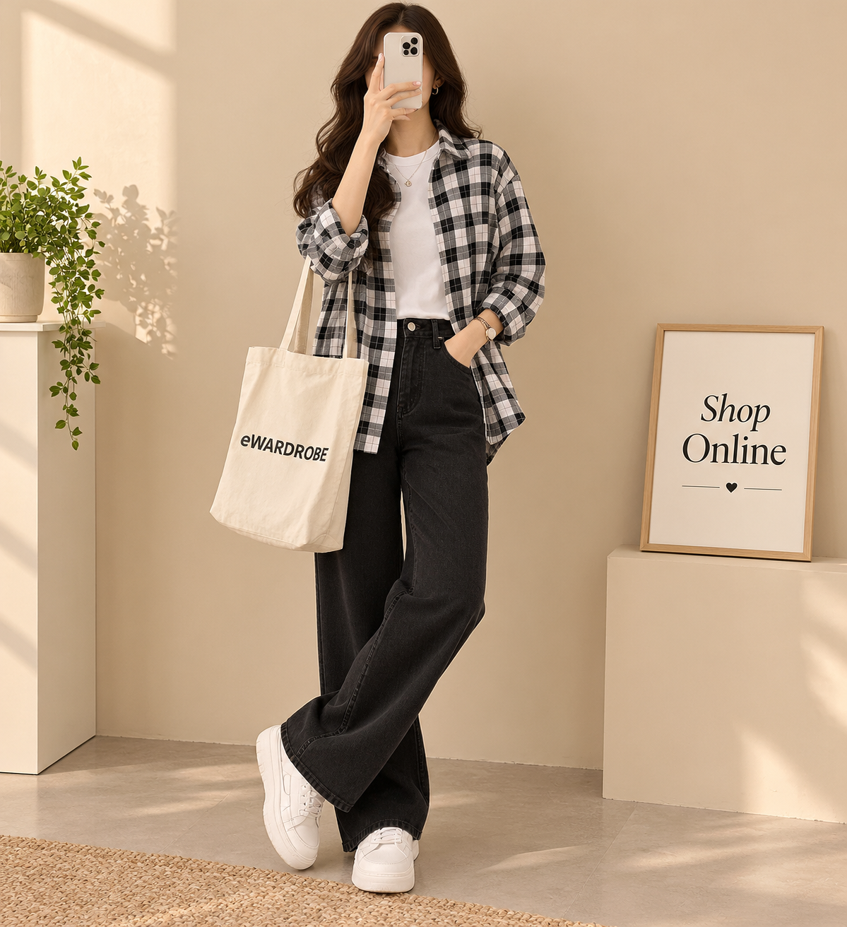 Check Shirt With White Inner Tee And Black Wide Leg Jeans