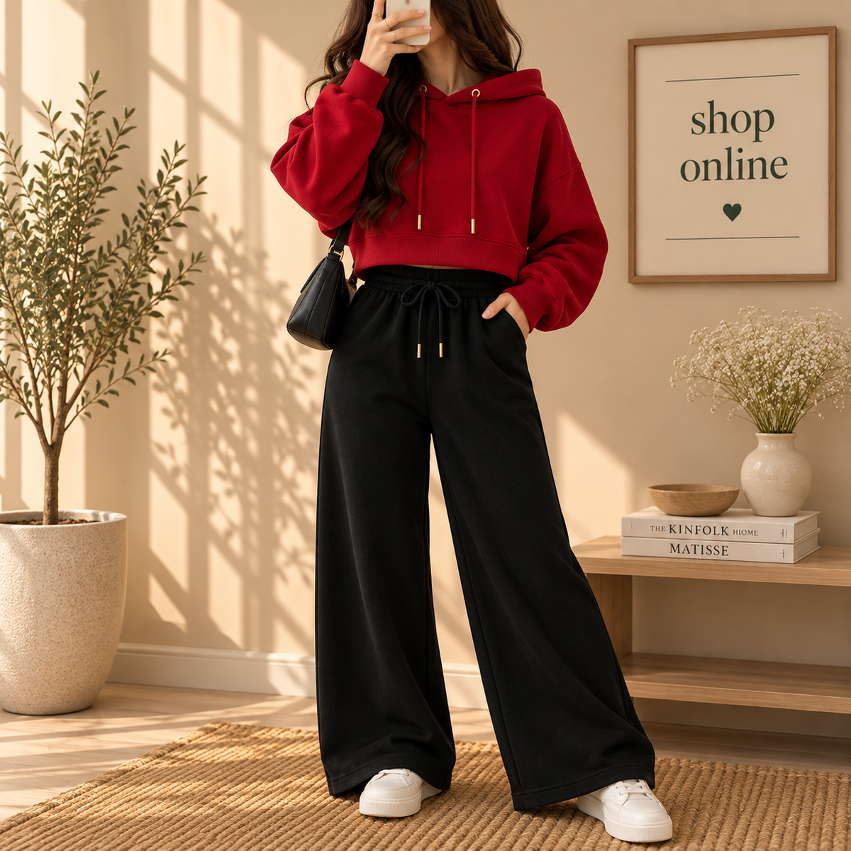Basic Red Crop Hoodie With Black Flapper