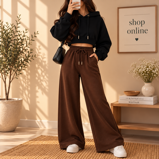 Basic Black Crop Hoodie With Brown Flapper