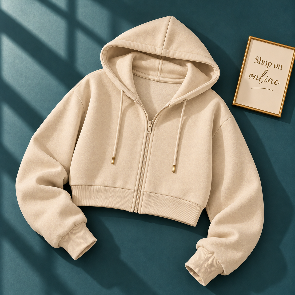Basic Beige Zipper Crop Hoodie