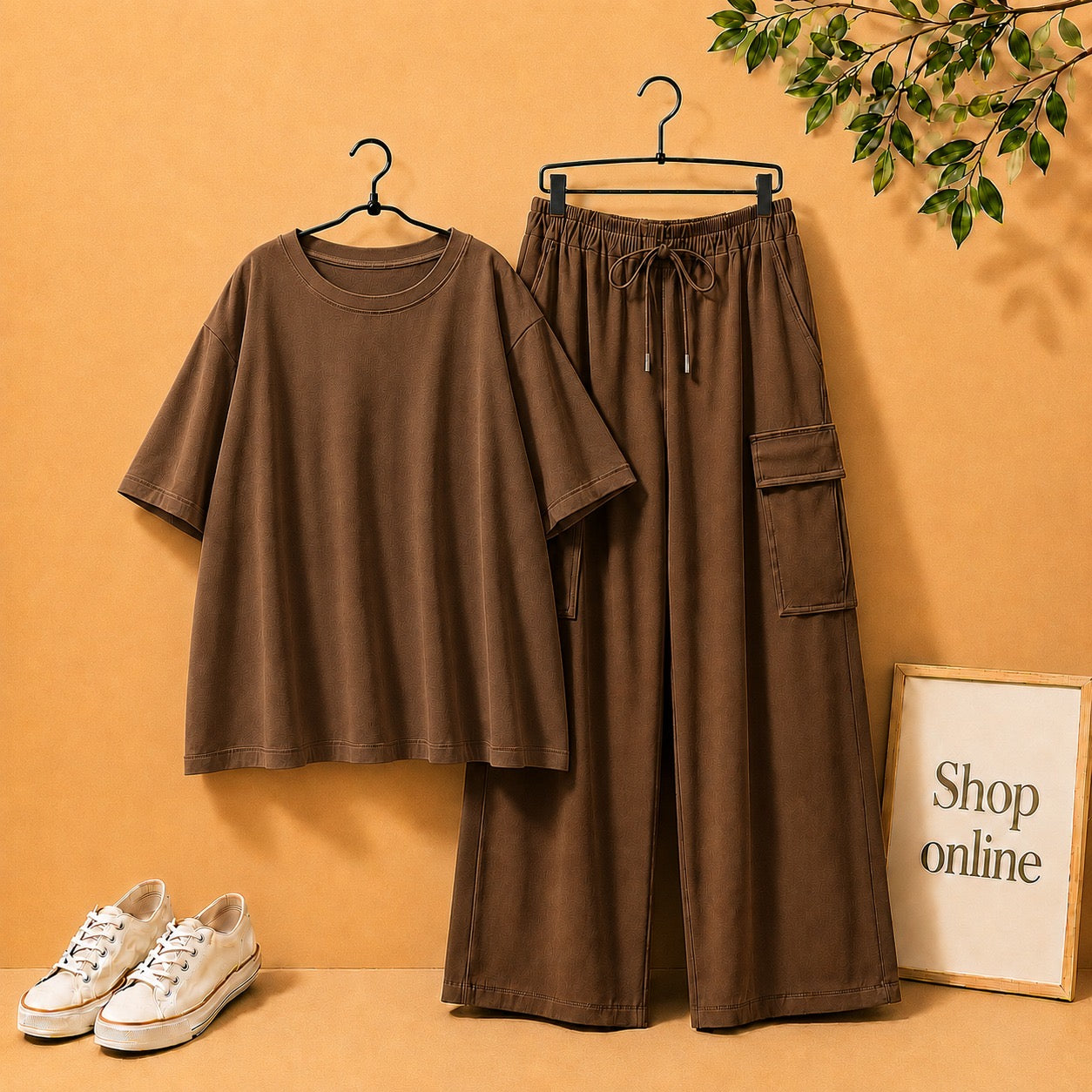 DARK BROWN DROP SHOULDER TSHIRT WITH BROWN CARGO TROUSER