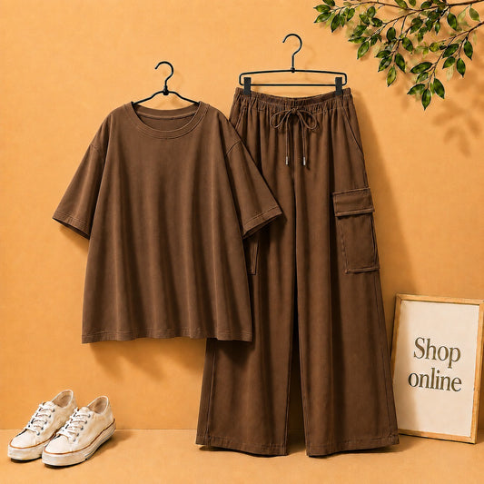 DARK BROWN DROP SHOULDER TSHIRT WITH BROWN CARGO TROUSER