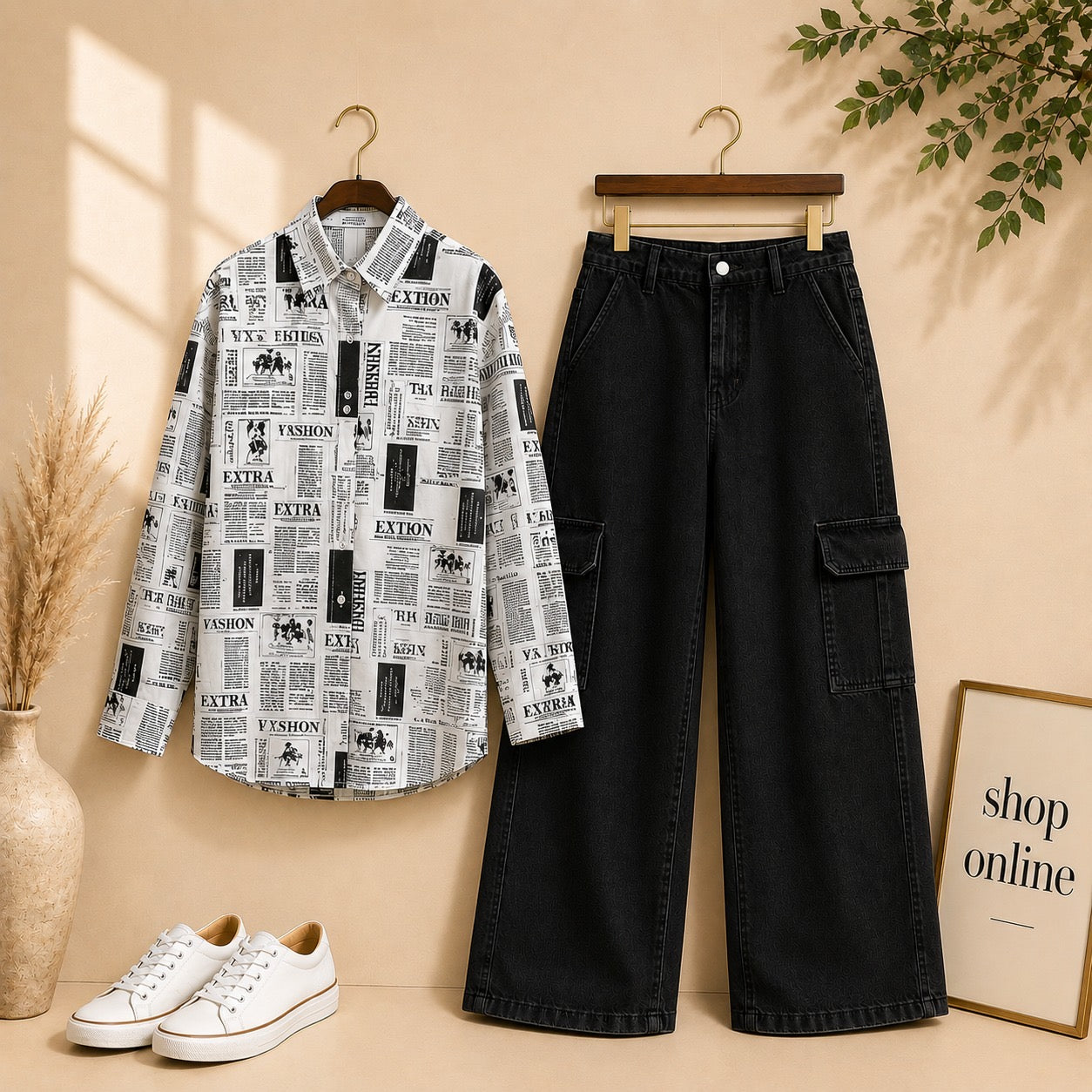 NEWSPAPER BUTTON SHIRT WITH BLACK CARGO JEANS