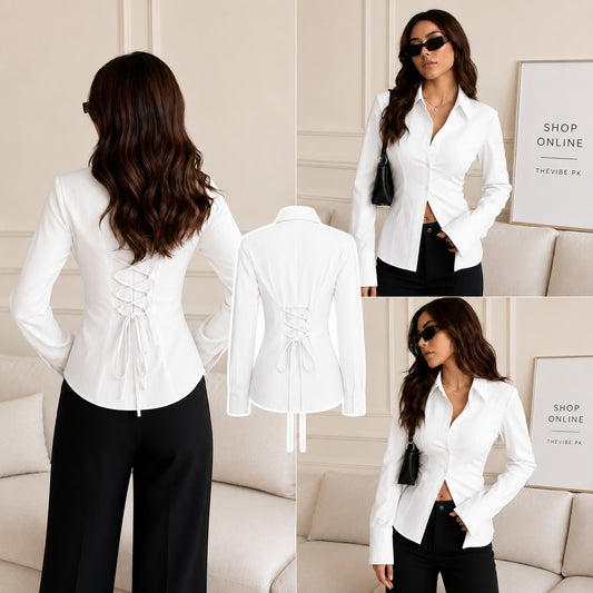 White Corset Lace-Up Back Stripe Shirt