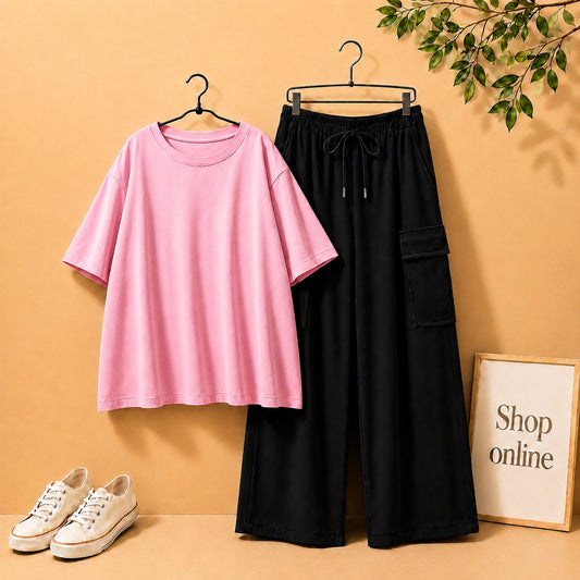 LIGHT PINK DROP SHOULDER TSHIRT WITH BLACK CARGO TROUSER