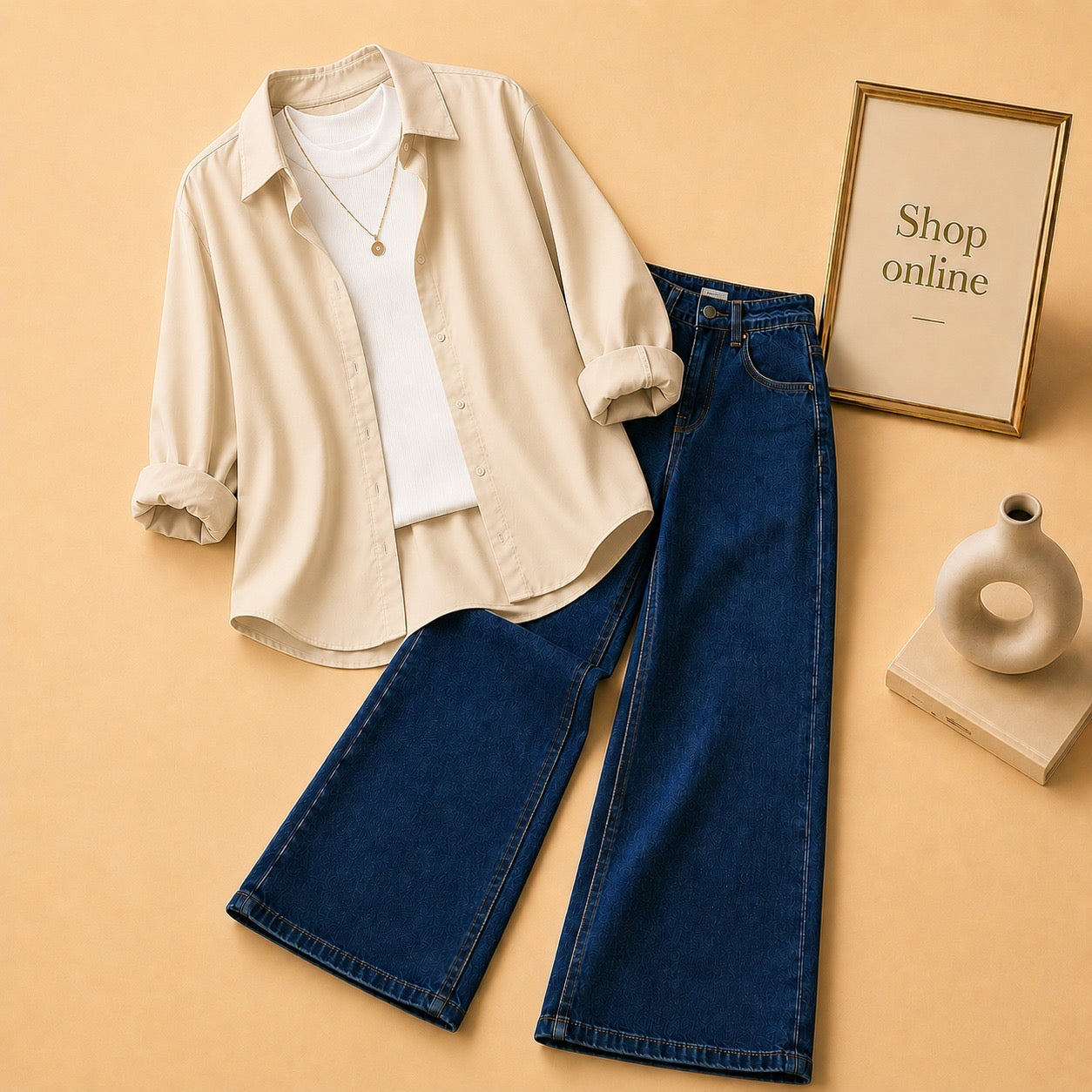 BEIGE BUTTON DOWN SHIRT WITH WHITE TANKTOP AND DARK BLUE WIDE LEG JEANS