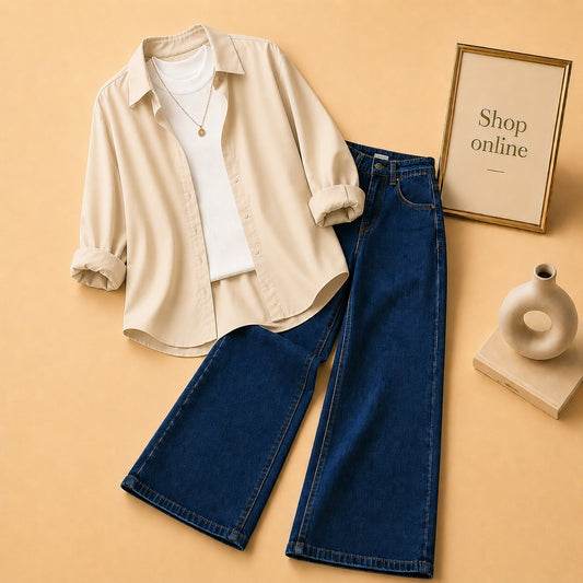 BEIGE BUTTON DOWN SHIRT WITH WHITE TANKTOP AND DARK BLUE WIDE LEG JEANS