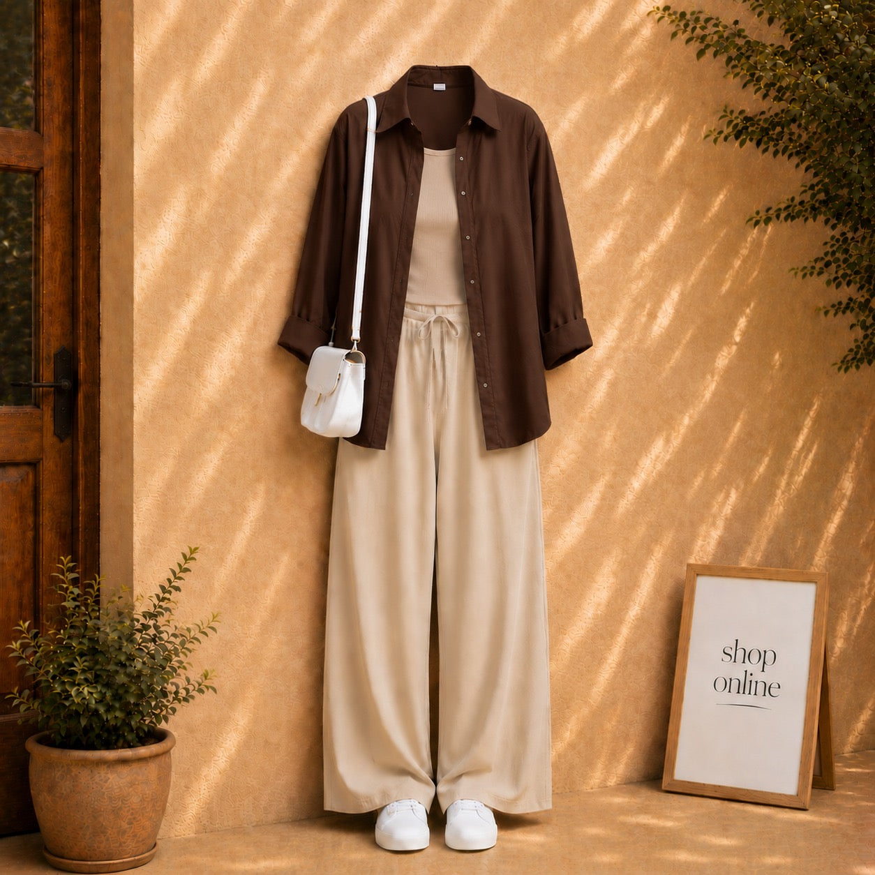 COFFEE BROWN  BUTTON DOWN SHIRT WITH BEIGE TANKTOP AND BEIGE FLAPPER