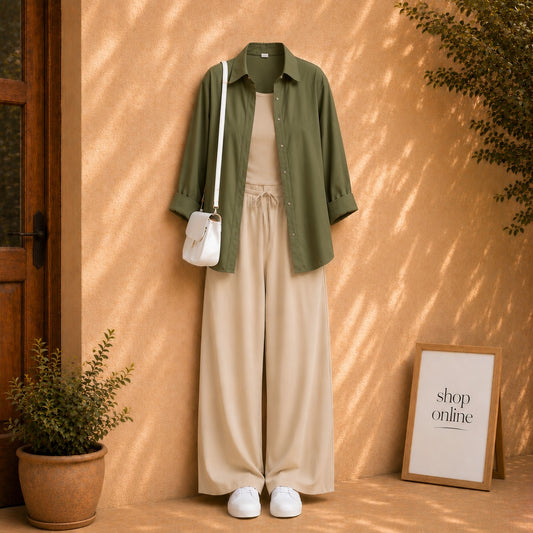 OLIVE GREEN BUTTON DOWN SHIRT WITH BEIGE TANKTOP AND BEIGE FLAPPER