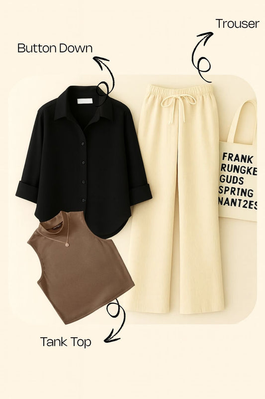 BLACK BUTTON WITH BEIGE FLAPPER AND BROWN TANK TOP
