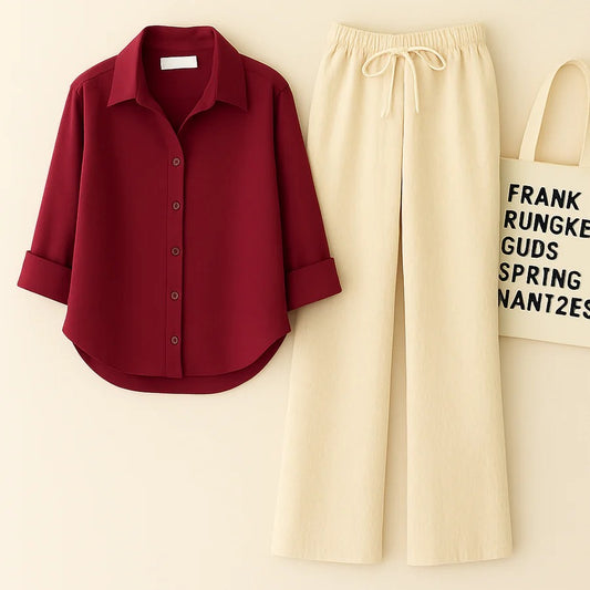 MAROON BUTTON SHIRT WITH BEIGE FLAPPER