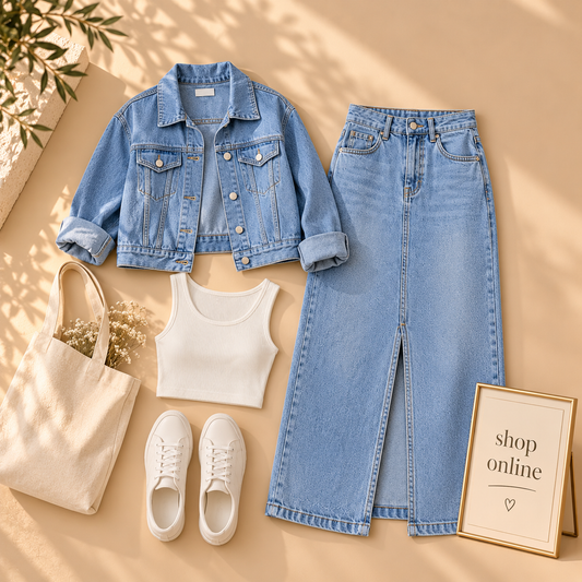 Sky Blue Denim Jacket with Sky Blue denim skirt