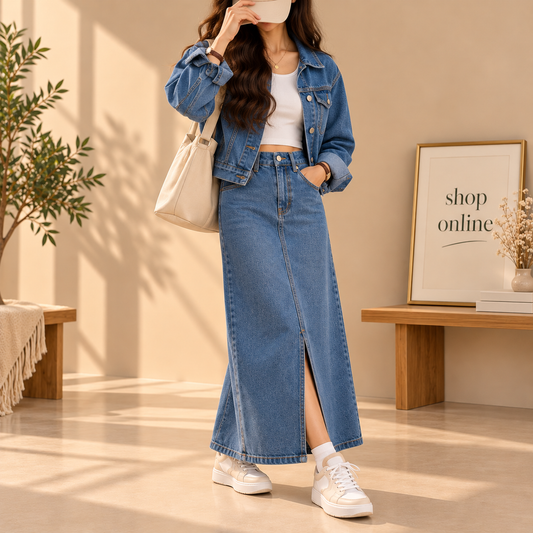 Mid Blue Denim Jacket with Mid Blue denim skirt