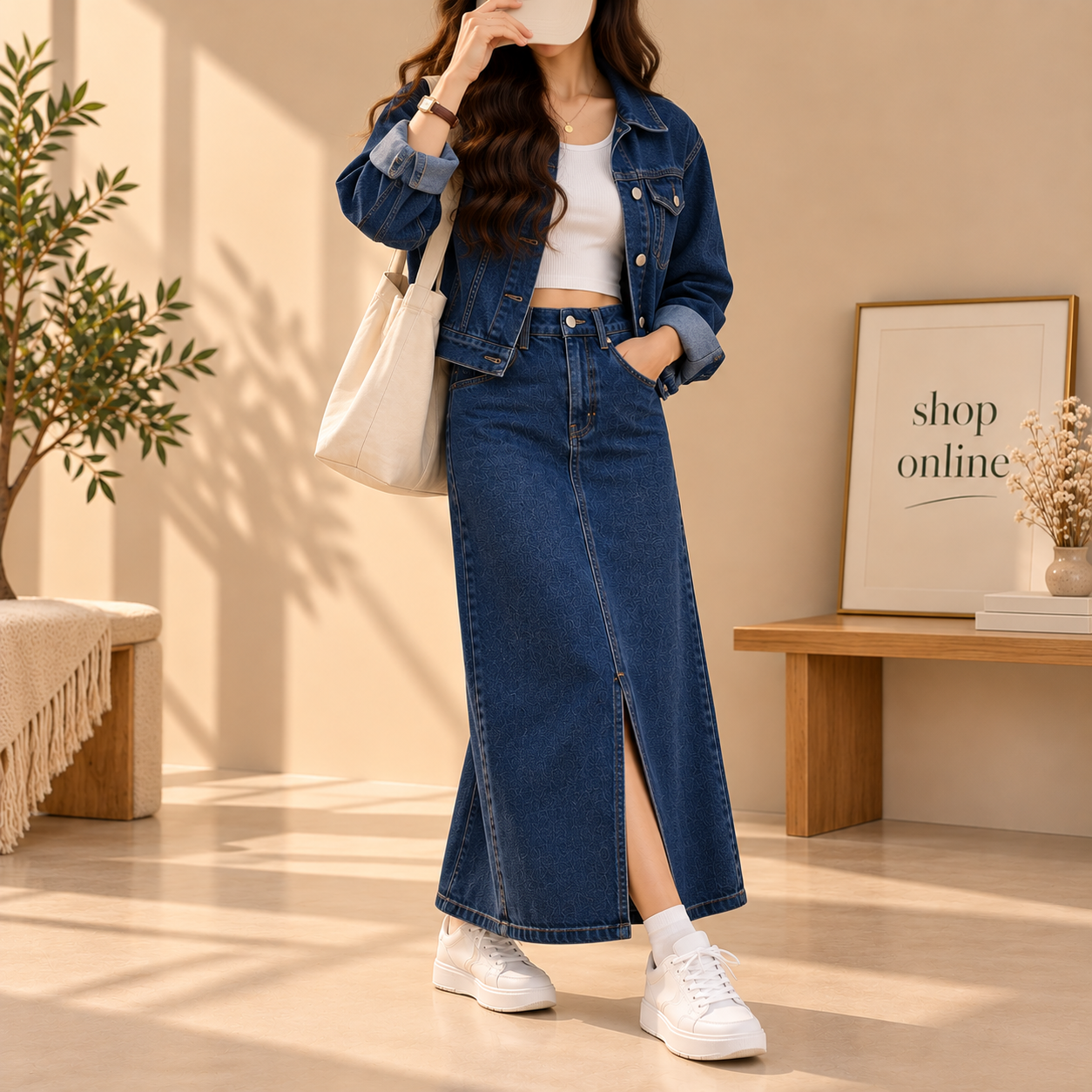 Dark Blue Denim Jacket with Dark Blue denim skirt