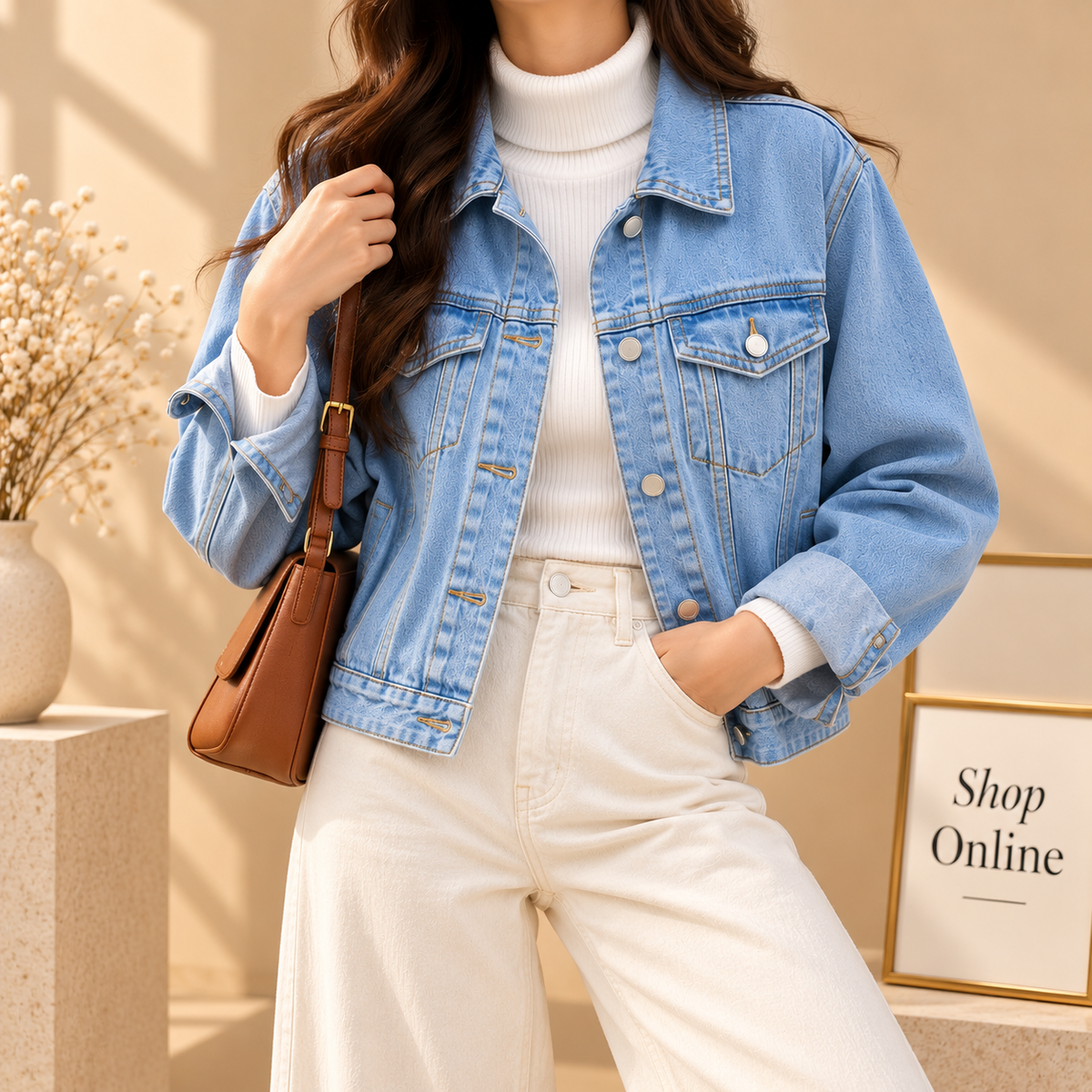 Ice Blue Denim Jacket With White Highneck