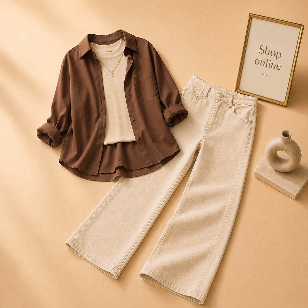 COFFEE BROWN BUTTON DOWN SHIRT WITH BEIGE TANKTOP AND BEIGE WIDE LEG JEANS