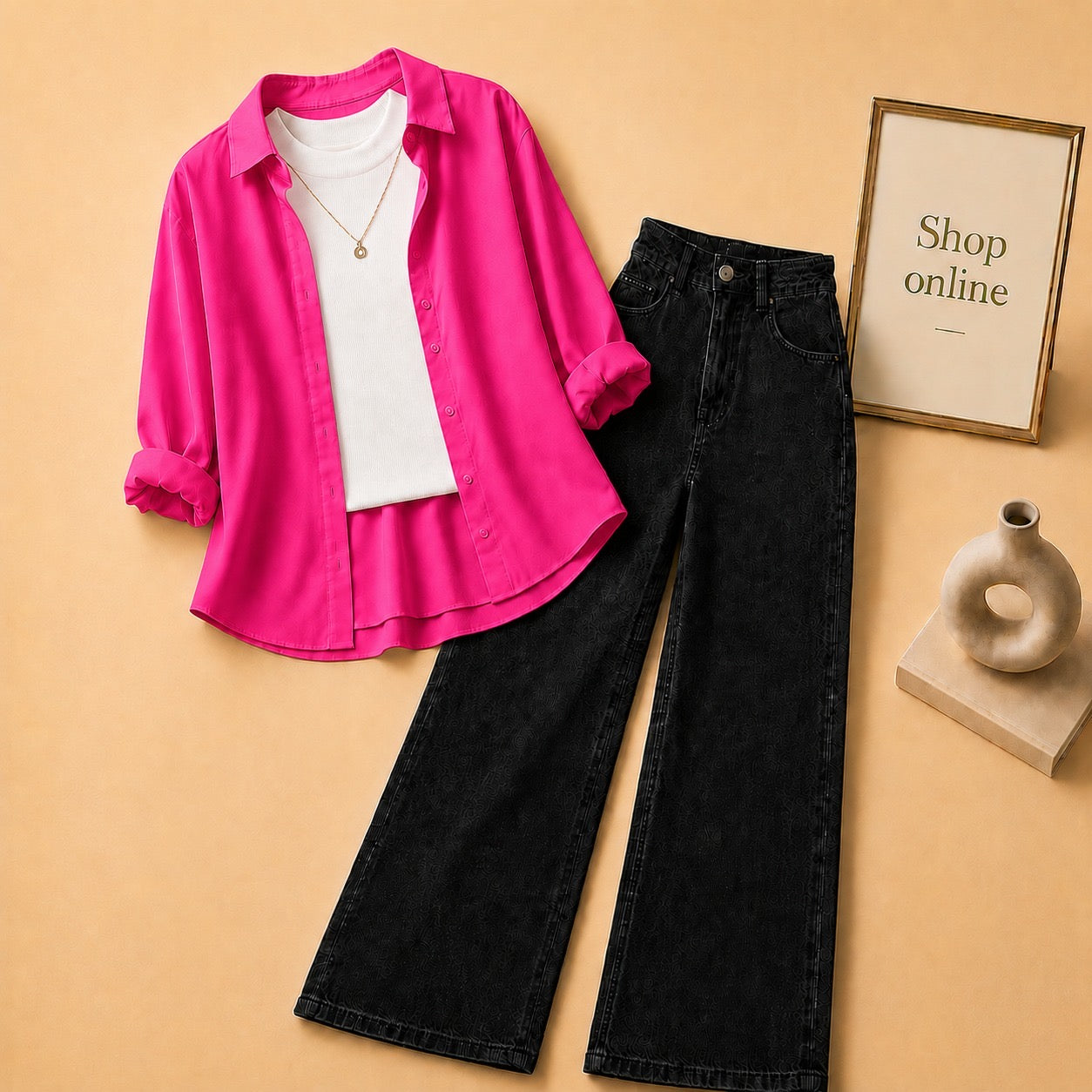 SHOCKING PINK BUTTON DOWN SHIRT WITH BLACK TANKTOP AND BLACK WIDE LEG JEANS
