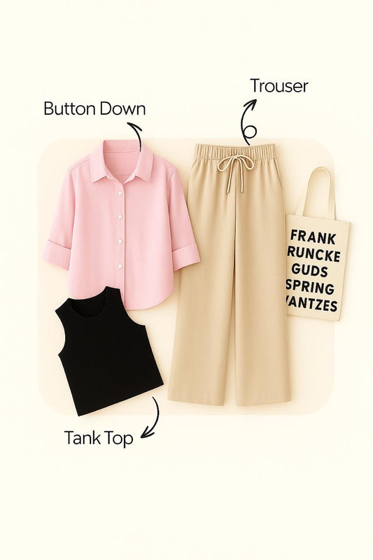 BABY PINK BUTTON SHIRT WITH BEIGE FLAPPER AND BLACK TANK TOP