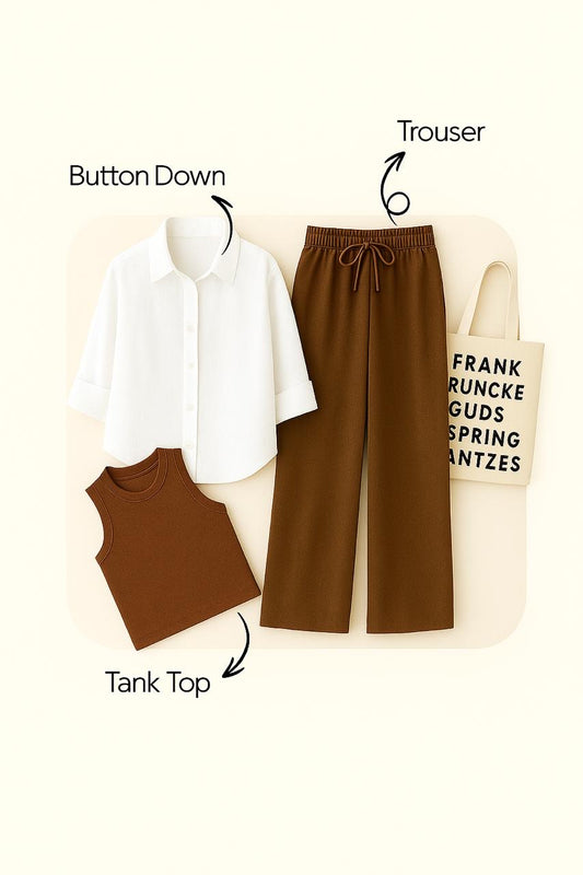 WHITE BUTTON SHIRT WITH BROWN FLAPPER AND BROWN TANK TOP