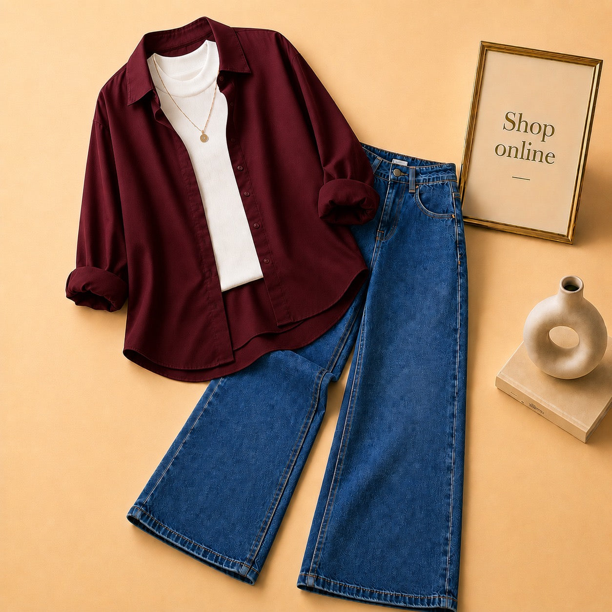 MAROON BUTTON DOWN SHIRT WITH WHITE TANKTOP AND DARK BLUE WIDE LEG JEANS