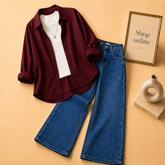 MAROON BUTTON DOWN SHIRT WITH WHITE TANKTOP AND DARK BLUE WIDE LEG JEANS