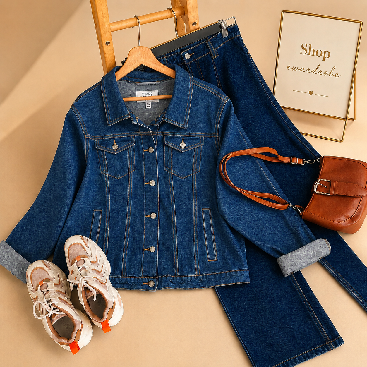 DARK BLUE DENIM JACKET WITH DARK WIDE LEG JEANS