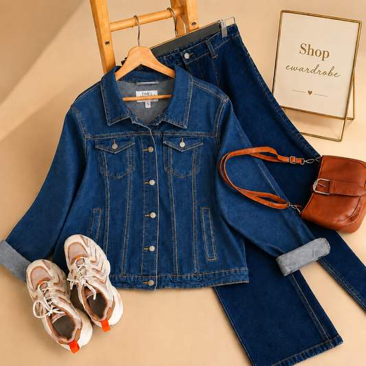 DARK BLUE DENIM JACKET WITH DARK WIDE LEG JEANS
