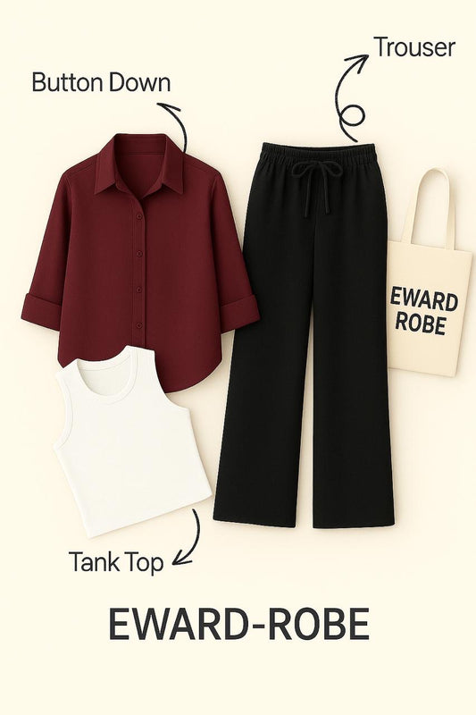 MAROON BUTTON SHIRT WITH BLACK FLAPPER AND WHITE TANK TOP